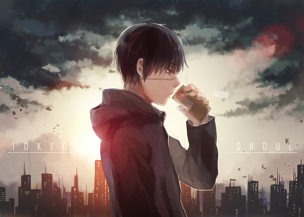 all_male, black_hair, brown_eyes, city, clouds, drink, eyepatch, fuurin, kaneki_ken, male, short_hair, tokyo_ghoul