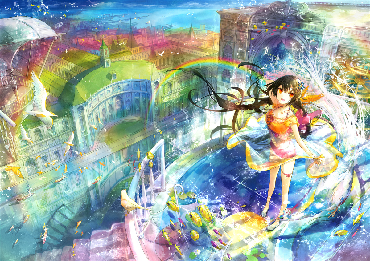 animal, bird, black_hair, braids, building, city, fish, fuumi_(radial_engine)