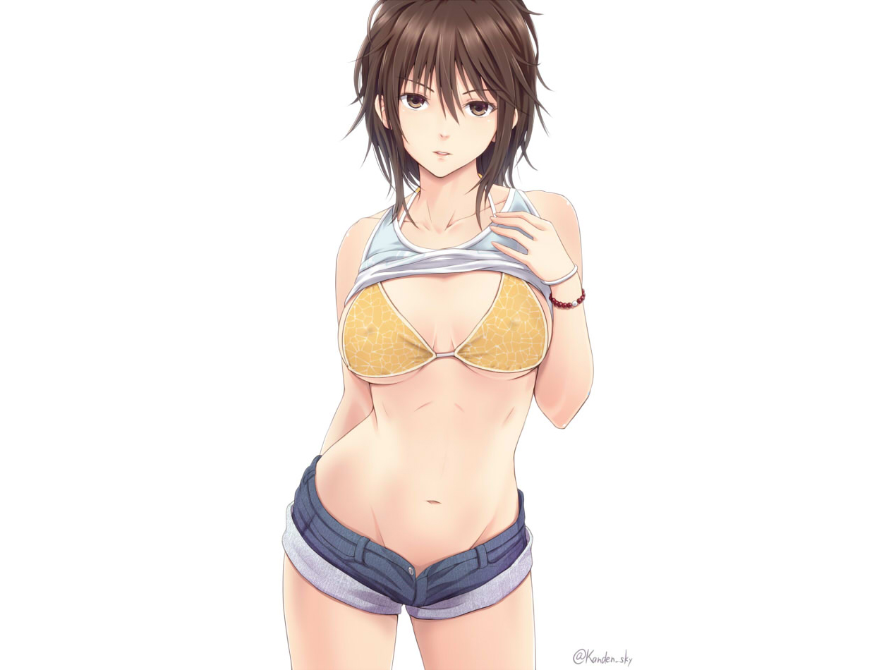 bikini_top, breasts, brown_eyes, brown_hair, kanden_sky, navel, original, shirt_lift, short_hair, shorts, signed, underwear, white, wristwear
