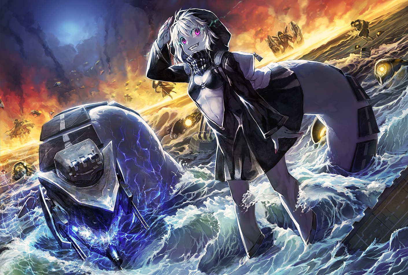 anthropomorphism, benitama, bikini_top, dress, fang, fire, group, ha-class_destroyer