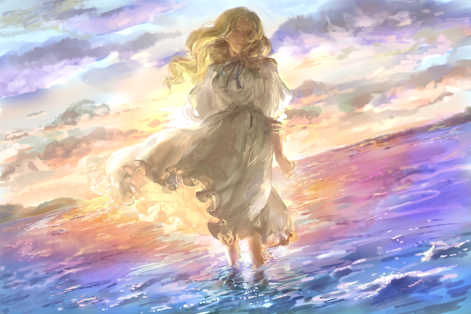 blonde_hair, brown_eyes, clouds, dress, long_hair, marnie, mukuinu, omoide_no_marnie, ribbons, sky, sunset, water
