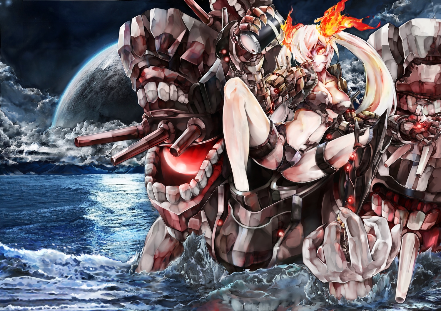 anthropomorphism, bikini, fire, kantai_collection, long_hair, orange_eyes, planet, poyan_noken, southern_ocean_war_oni, spread_legs, swimsuit, twintails, water, white_hair