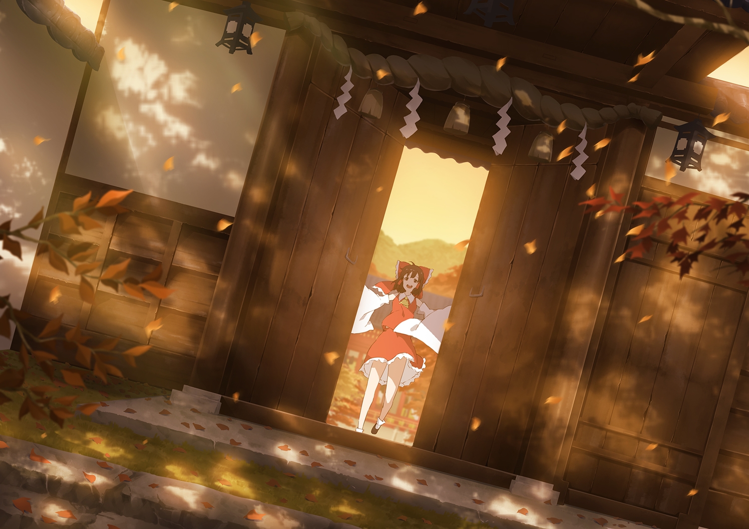 autumn, brown_eyes, brown_hair, hakurei_reimu, japanese_clothes, leaves, miko, skirt, socks, tamamono_atae, touhou