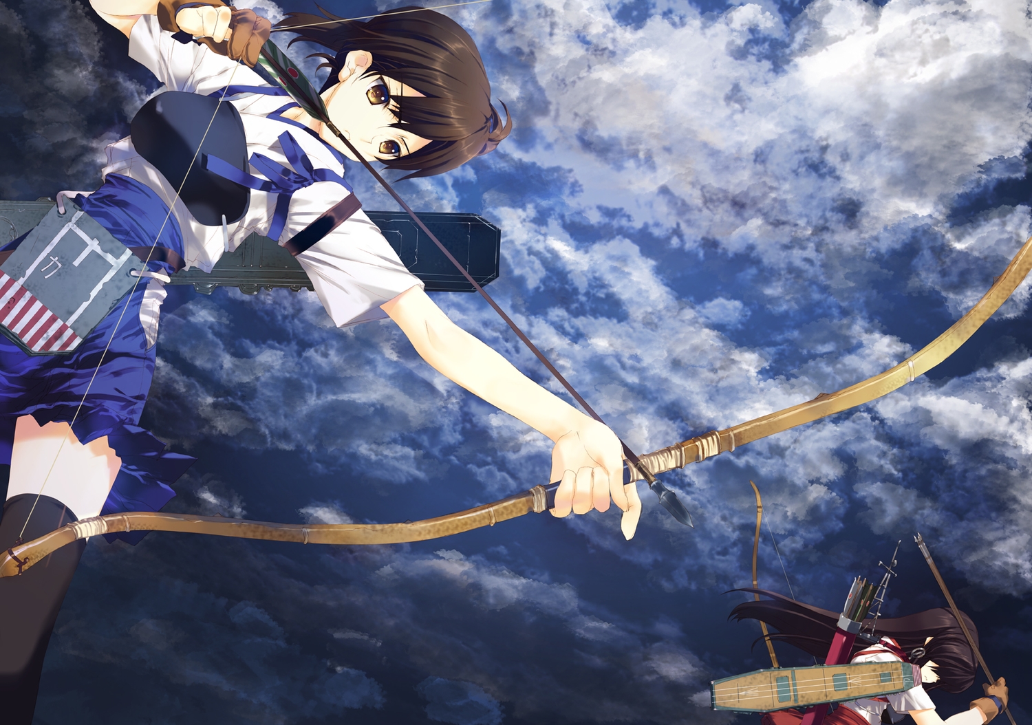 2girls, akagi_(kancolle), anthropomorphism, bow_(weapon), brown_eyes, brown_hair, japanese_clothes, kaga_(kancolle)
