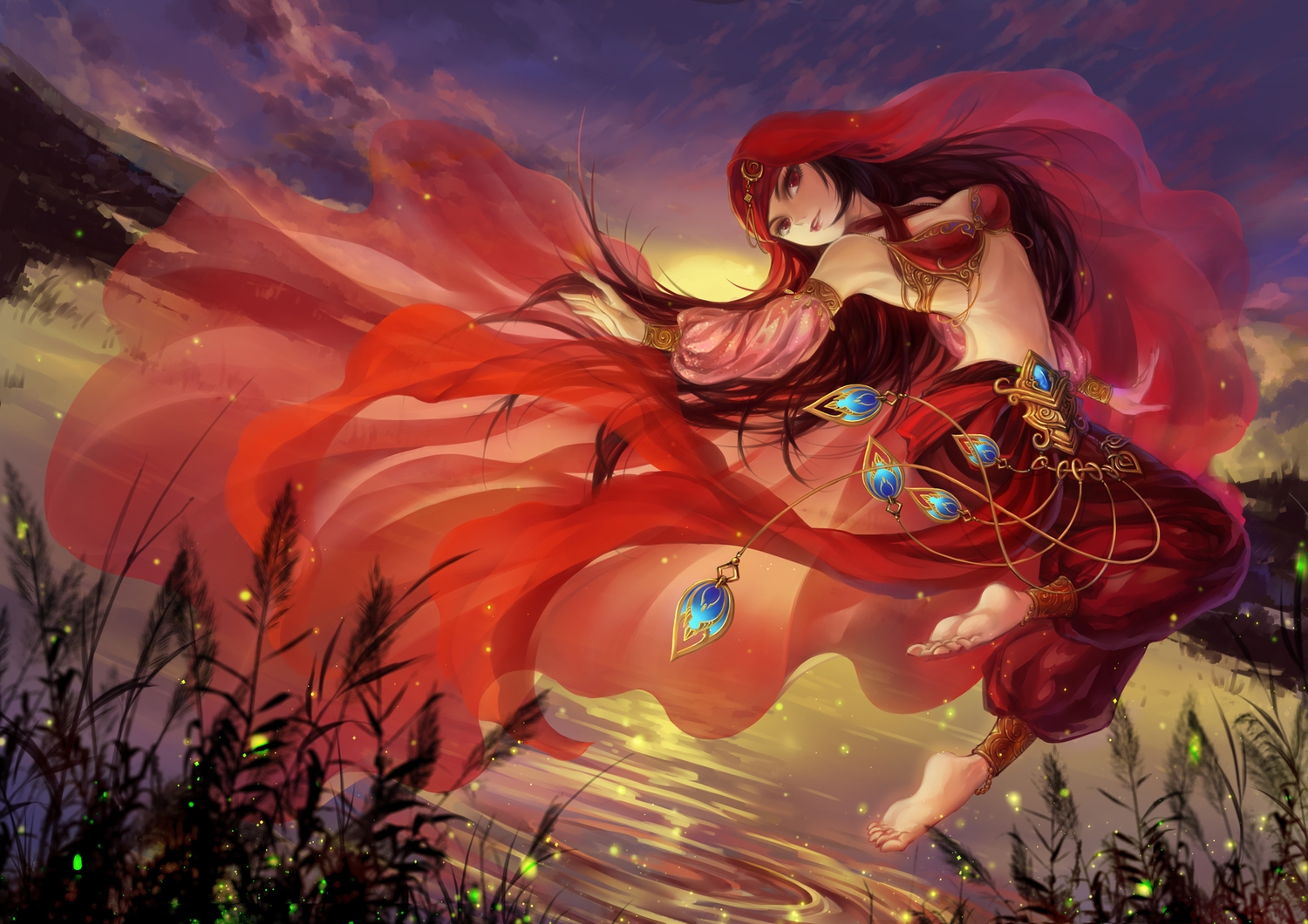 barefoot, black_hair, huazha01, navel, original, red_eyes