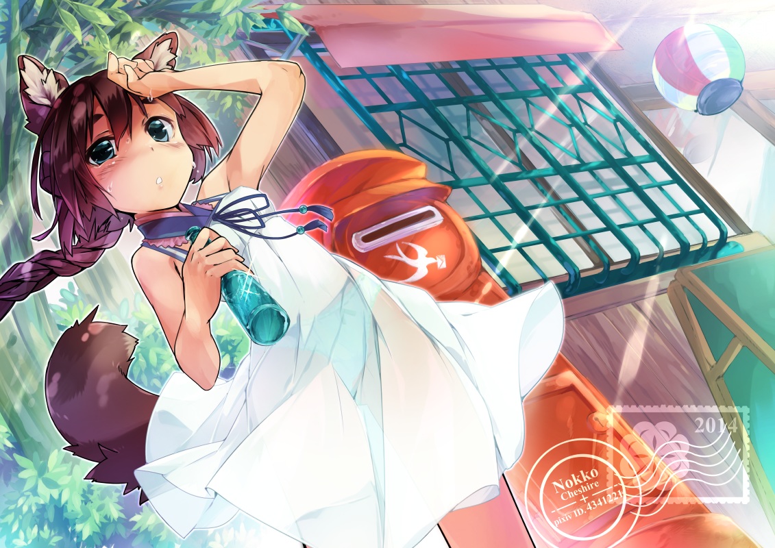 animal_ears, black_eyes, brown_hair, catgirl, dress, long_hair, original, tail, transpot_nonoko, watermark