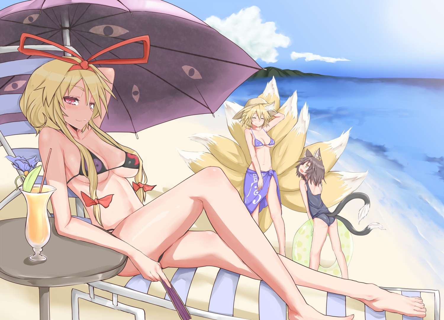 animal_ears, barefoot, beach, bikini, blonde_hair, bow, breasts, catgirl, chen, cleavage, drink, fan, foxgirl, hat, headband, long_hair, masuo, multiple_tails, navel, pink_eyes, short_hair, swimsuit, tail, touhou, twintails, umbrella, water, yakumo_ran, yakumo_yukari, yellow_eyes