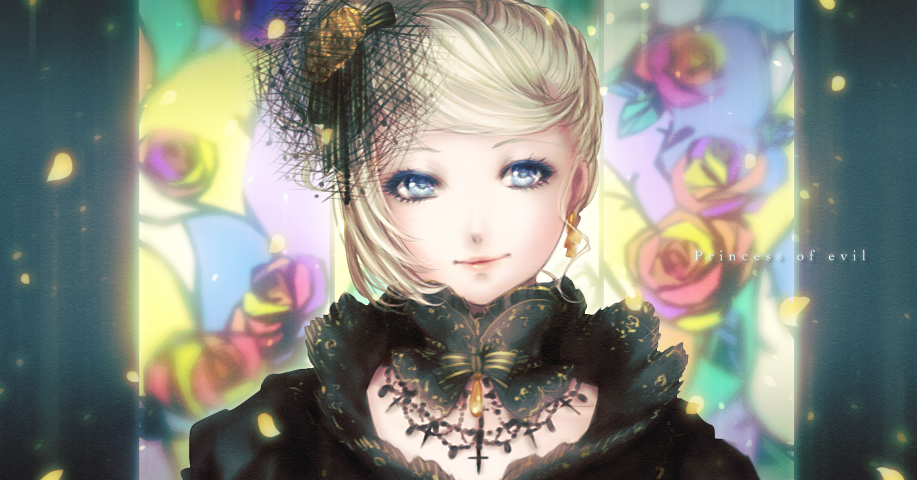 blonde_hair, blue_eyes, bow, headdress, kagamine_rin, shino_(syllable), short_hair, story_of_evil_(vocaloid), vocaloid