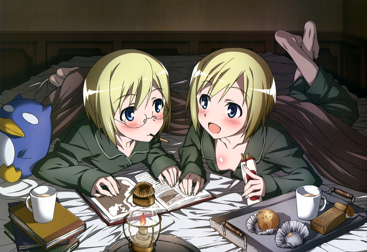 2girls, blonde_hair, blush, erica_hartmann, food, glasses, nyantype, pajamas, pocky, scan, short_hair, strike_witches, ursula_hartmann