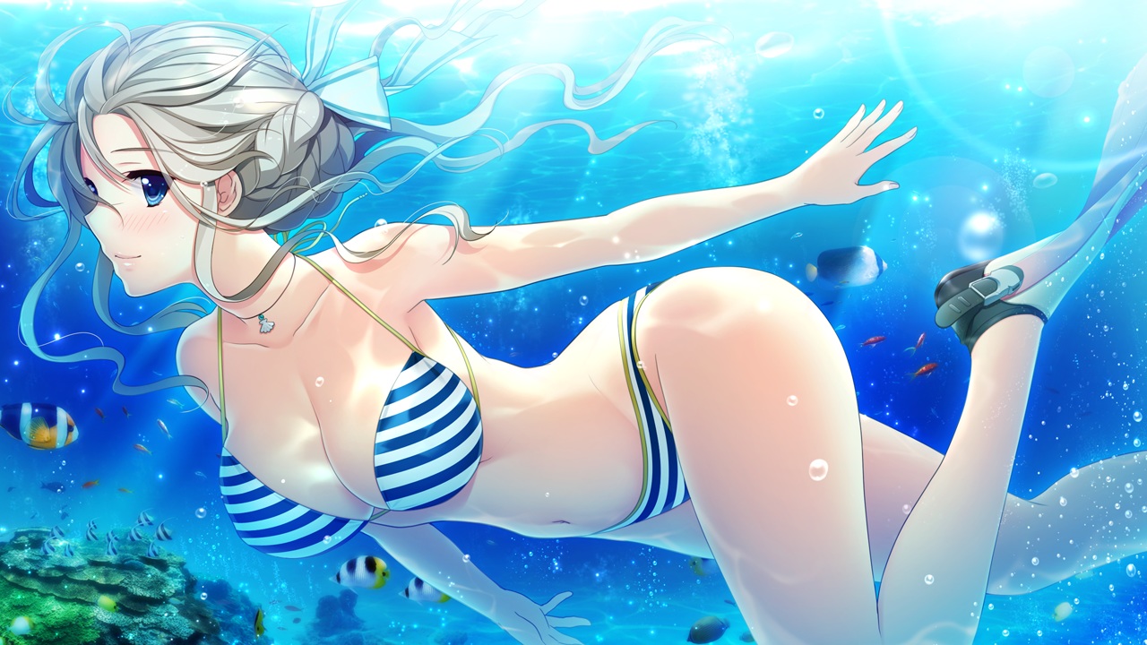 animal, bikini, blonde_hair, blue_eyes, blush, breasts, bubbles, cleavage, fish, game_cg, hoshi_ori_yume_mirai, koizumi_amane, long_hair, navel, necklace, okihara_misa, swimsuit, underwater, water