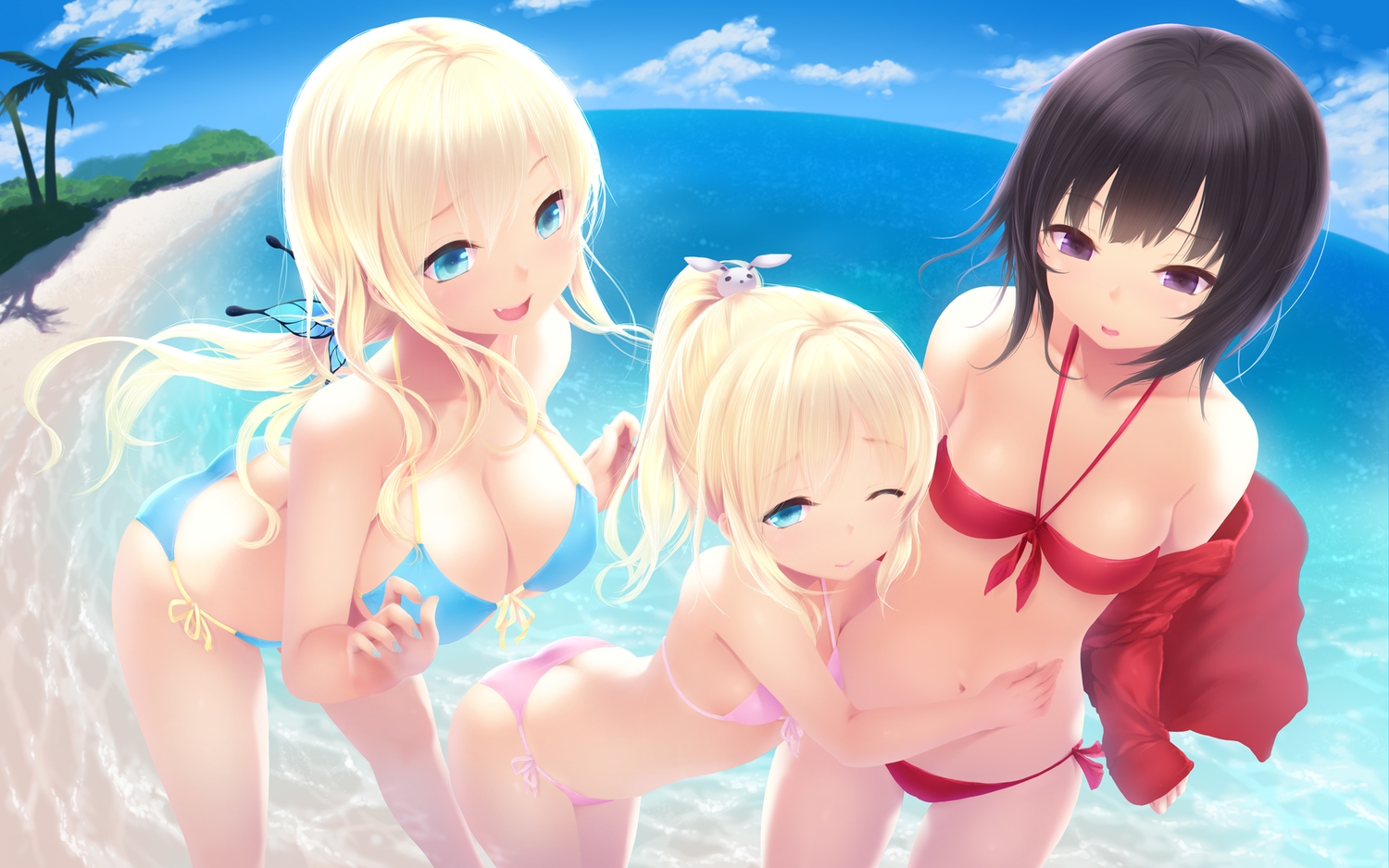 aqua_eyes, beach, bikini, black_hair, blonde_hair, boku_wa_tomodachi_ga_sukunai, cait, hasegawa_kobato, hug, kashiwazaki_sena, loli, long_hair, mikazuki_yozora, navel, ponytail, purple_eyes, short_hair, swimsuit, wink