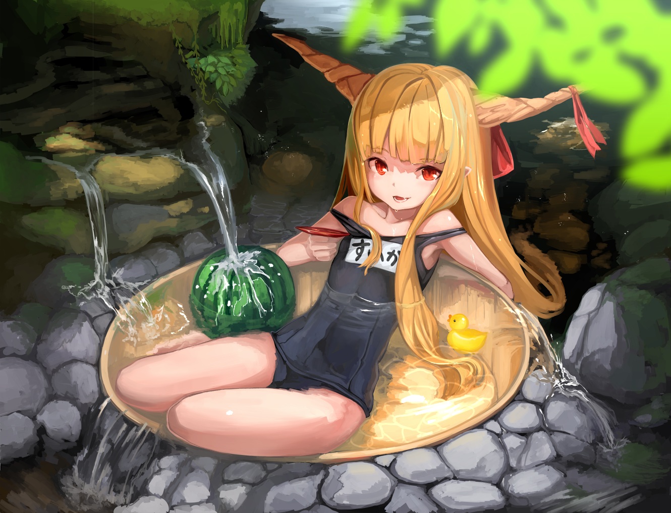 blonde_hair, food, fruit, horns, ibuki_suika, loli, long_hair, pointed_ears, red_eyes, school_swimsuit, swimsuit, touhou, water, watermelon, wet, yes_warabi