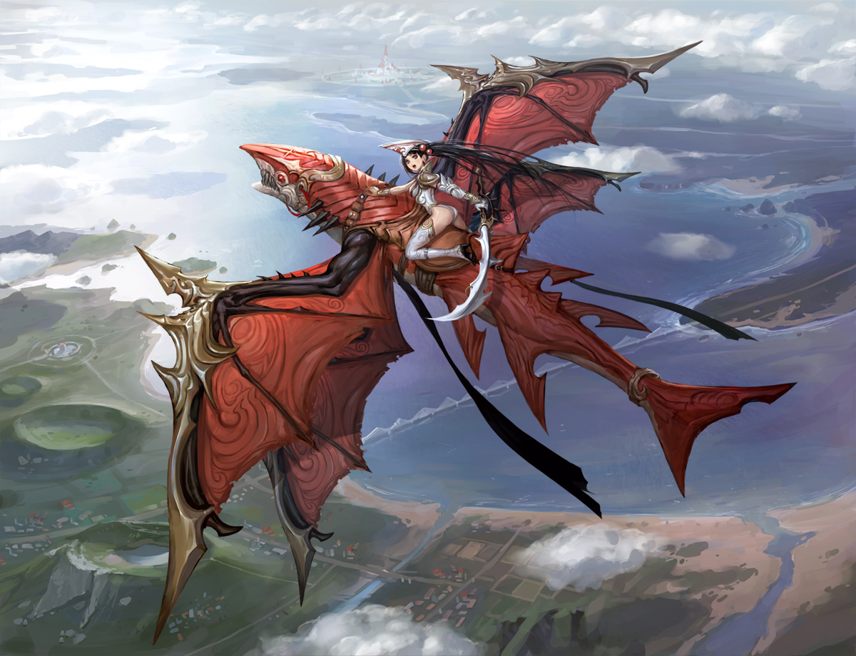 black_hair, dragon, long_hair, original, shaonav, sword, weapon