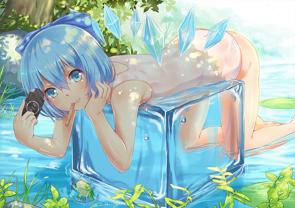 animal, aqua_eyes, aqua_hair, bow, cirno, fairy, frog, game_console, school_swimsuit, short_hair, shoutai_(7490773), swimsuit, touhou, water, wings