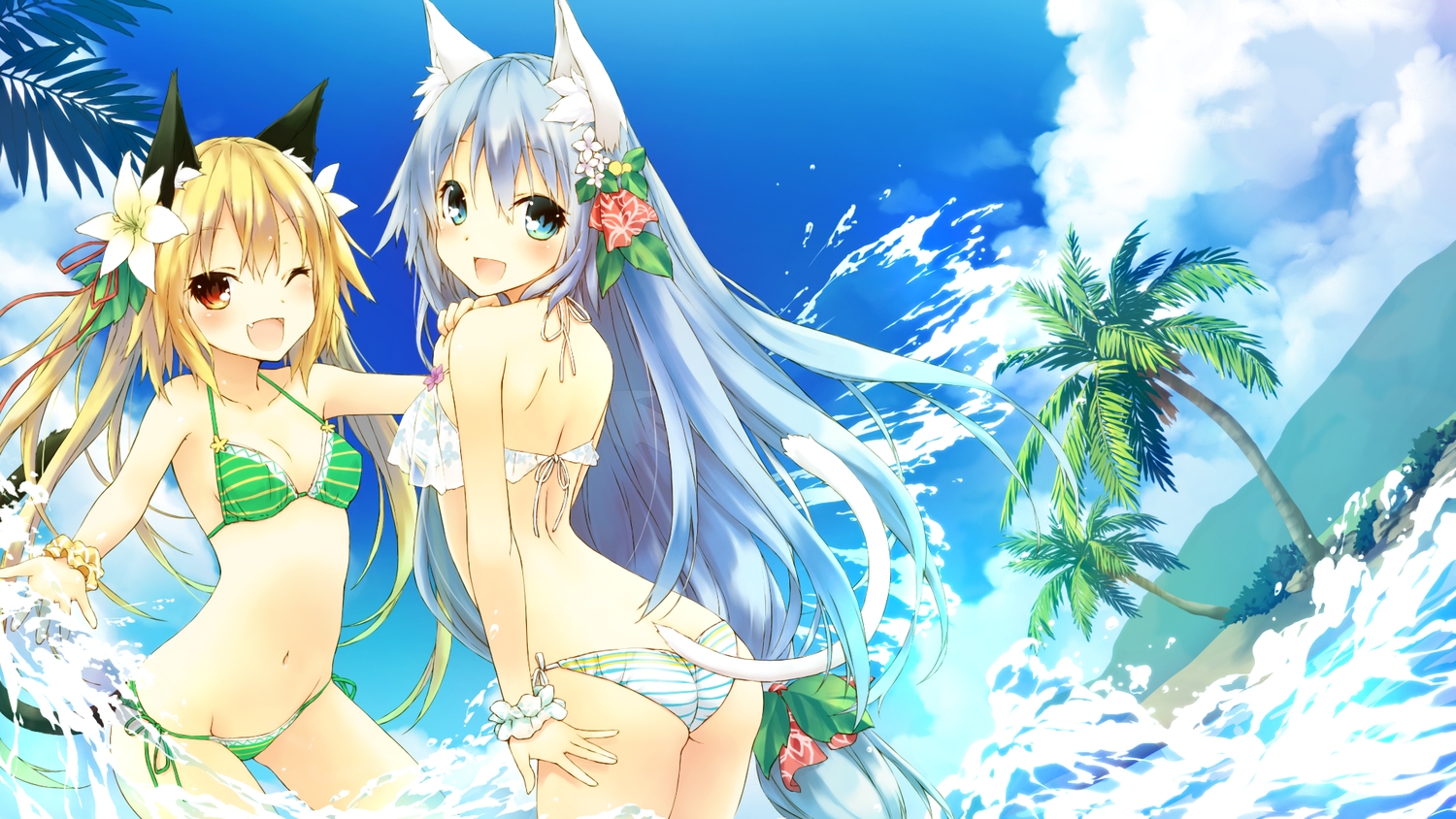 2girls, aliasing, animal_ears, ass, bikini, blonde_hair, blue_hair, blush, catgirl, fang, lilac_(saeki_touma), lily_(saeki_touma), long_hair, navel, original, panties, saeki_touma, swimsuit, tail, tree, twintails, underwear, water, wink, wristwear