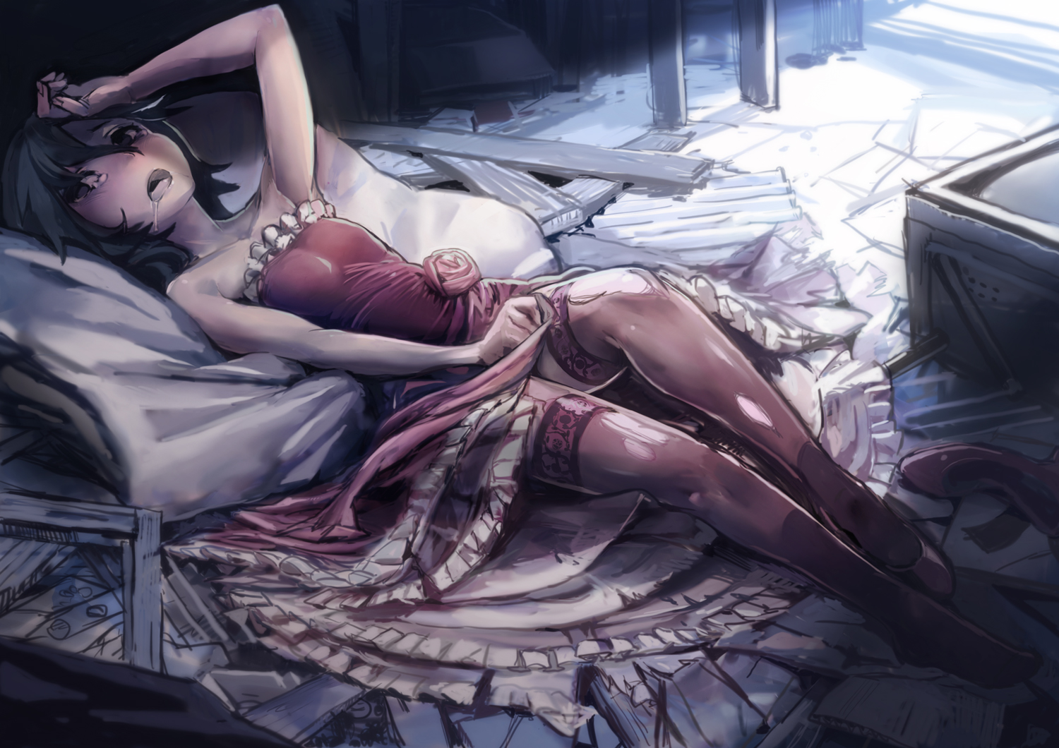 black_eyes, black_hair, crying, dress, idolmaster, kikuchi_makoto, kousaku, tears