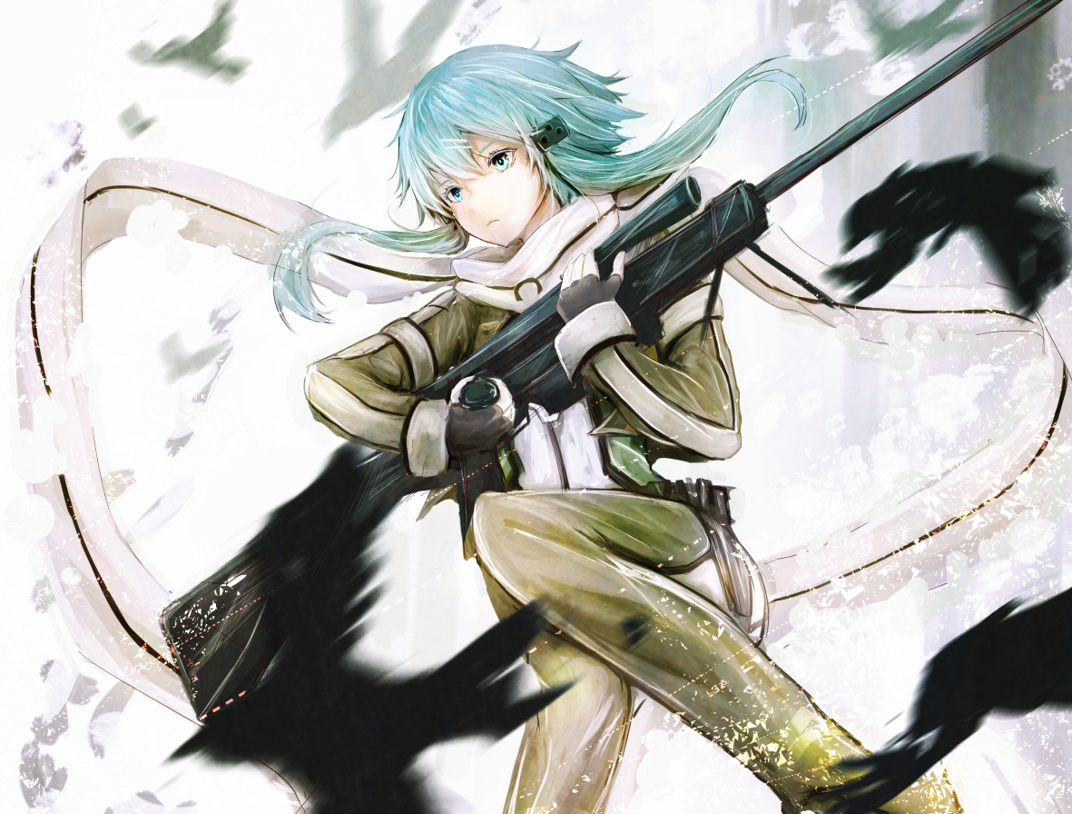 animal, bird, blue_eyes, blue_hair, gloves, gun, gun_gale_online, marumoru