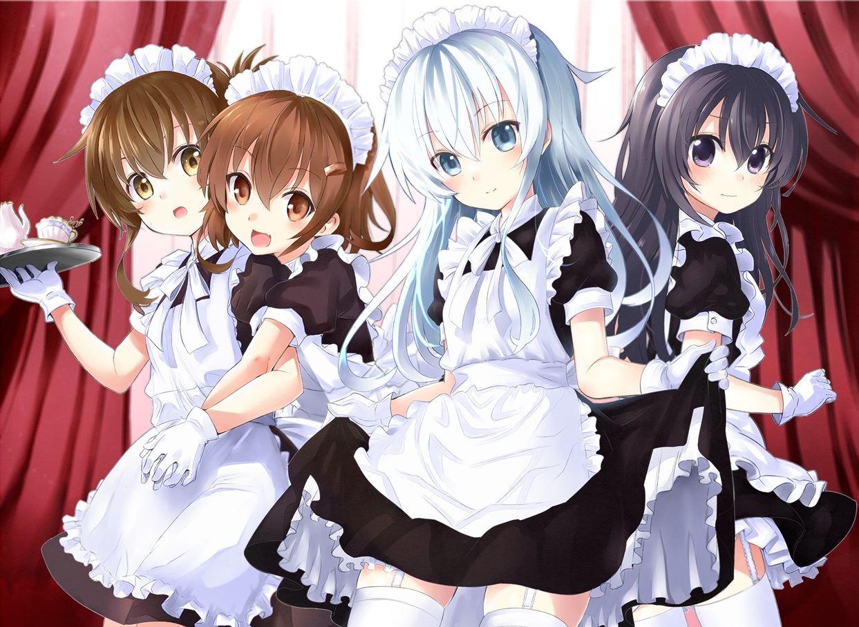 akatsuki_(kancolle), anthropomorphism, apron, black_eyes, black_hair, blush, brown_eyes, brown_hair, gloves, gray_eyes, gray_hair, group, headdress, hibiki_(kancolle), ikazuchi_(kancolle), inazuma_(kancolle), kantai_collection, long_hair, maid, natsupa, short_hair, stockings