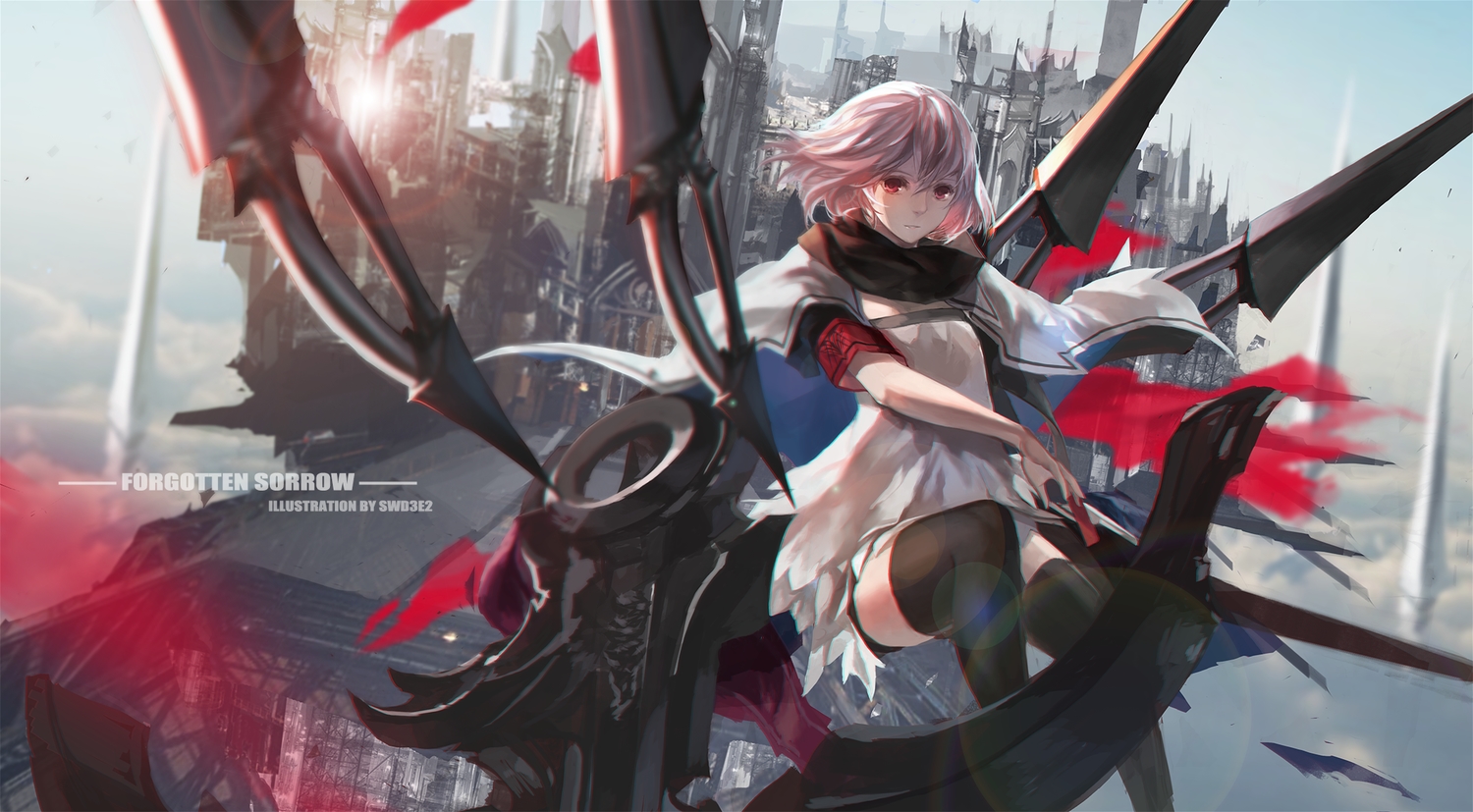 building, dress, original, paradise_(pffk), pink_hair, pixiv_fantasia, red_eyes, short_hair