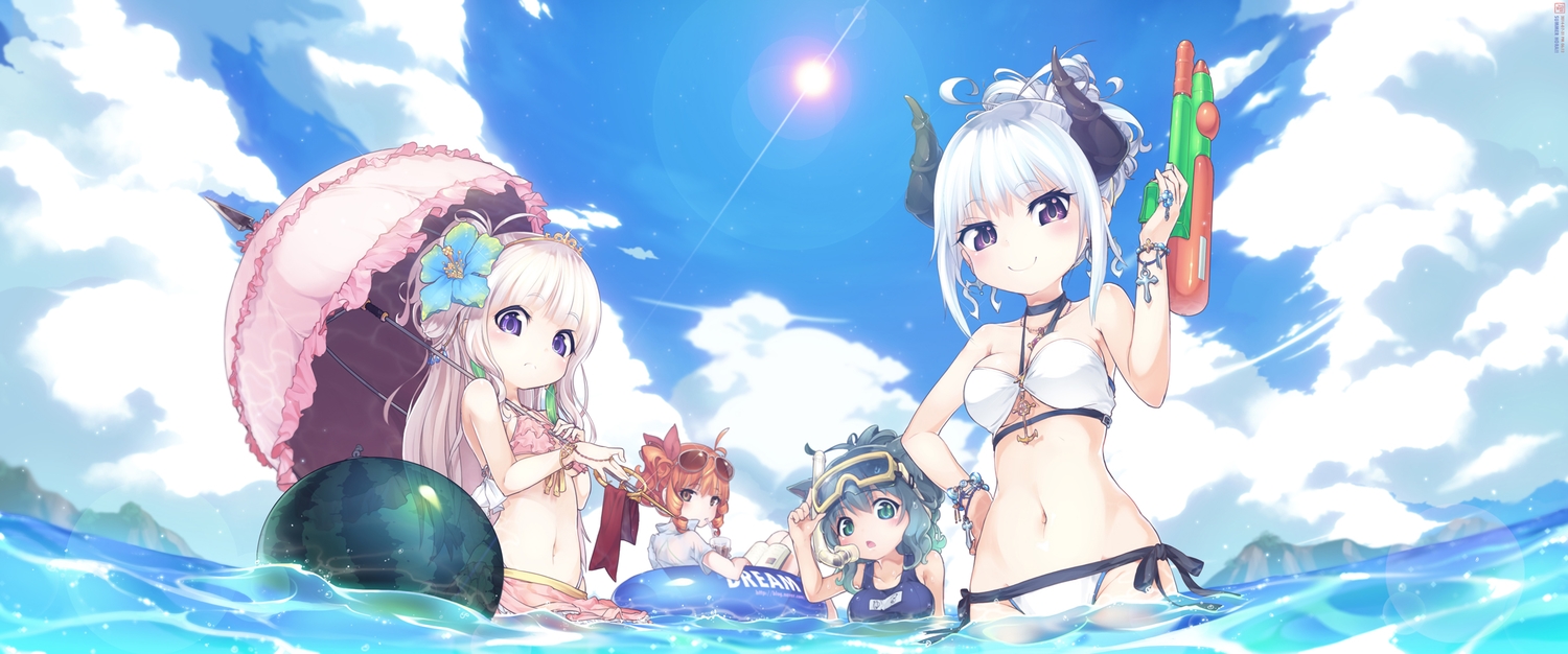 bikini, black_eyes, black_hair, book, brown_eyes, brown_hair, clouds, drink, dualscreen, green_eyes, horns, jakoujika, loli, navel, necklace, original, purple_eyes, sky, sunglasses, swim_ring, swimsuit, umbrella, water, white_hair