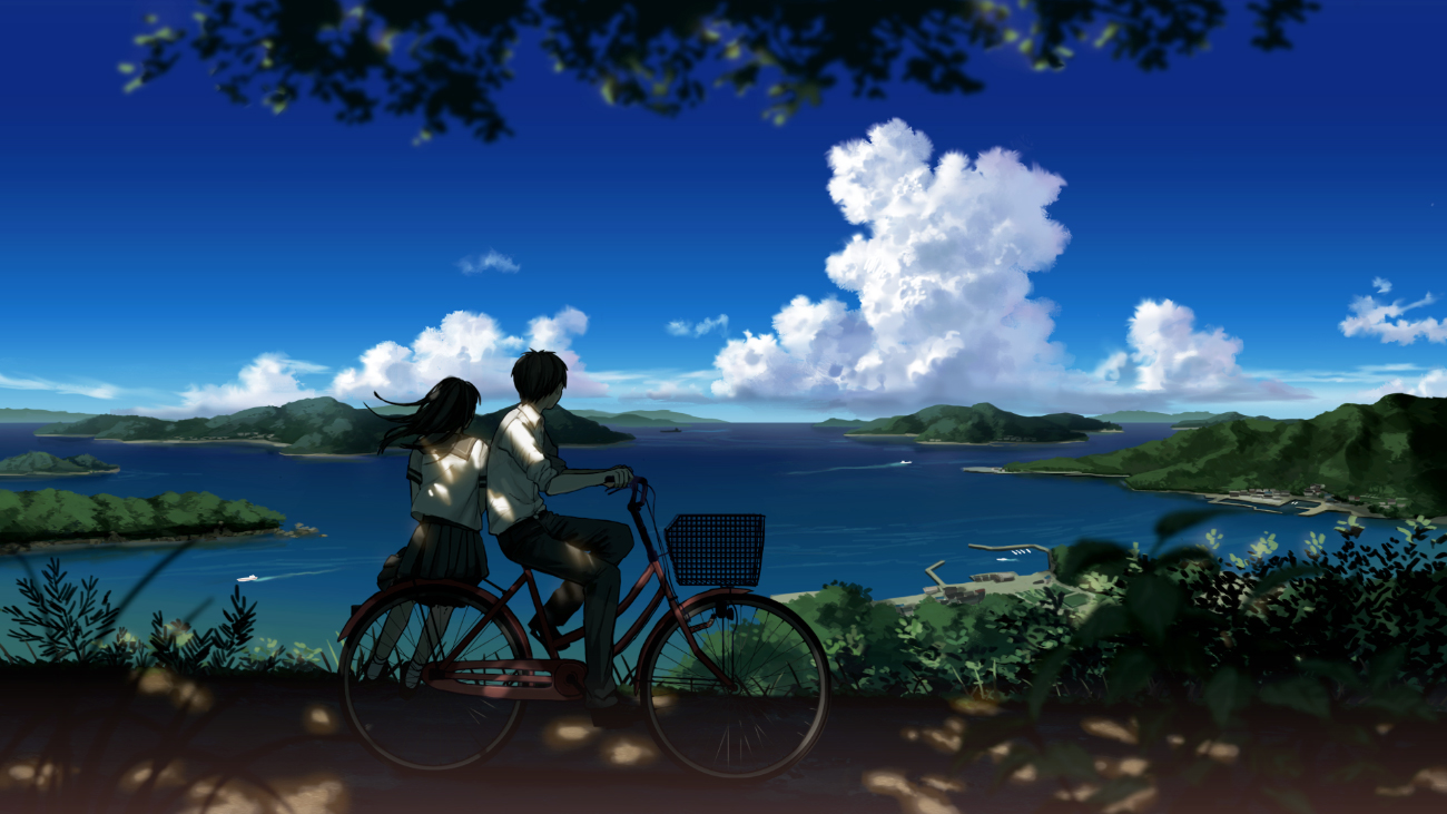 amemura_(caramelo), bicycle, black_hair, boat, clouds, landscape, long_hair, male