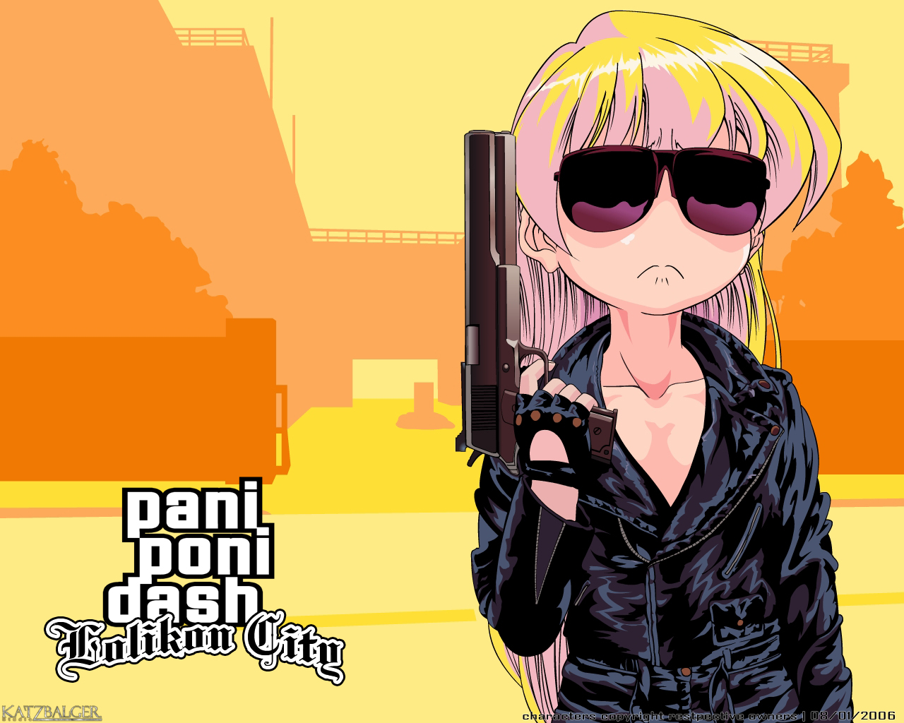 grand_theft_auto, gun, pani_poni_dash, parody, rebecca_miyamoto, sunglasses, weapon