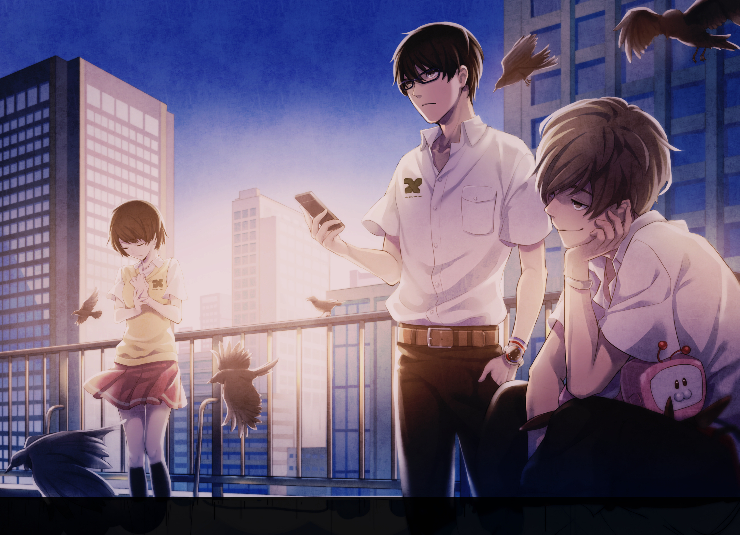 animal, bird, building, glasses, hisami_touji, kokonoe_arata, mishima_lisa, pekoo_(pekota), phone, school_uniform, zankyou_no_terror