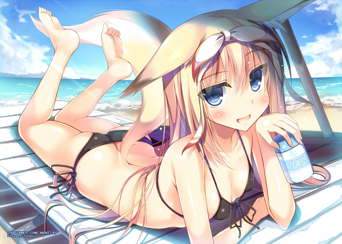 animal_ears, ass, barefoot, beach, bikini, blonde_hair, blue_eyes, blush, breasts, cleavage, erect_nipples, foxgirl, headband, long_hair, nozomi_tsubame, original, swimsuit, tail, watermark