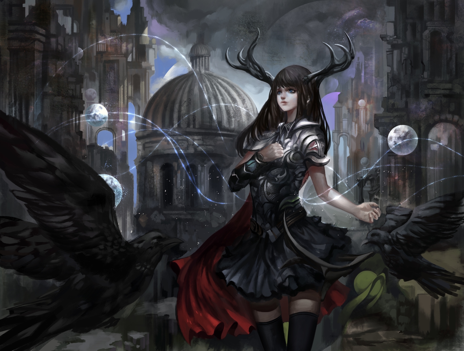 animal, armor, baka_(mh6516620), bird, black_hair, blue_eyes, cape, horns, original