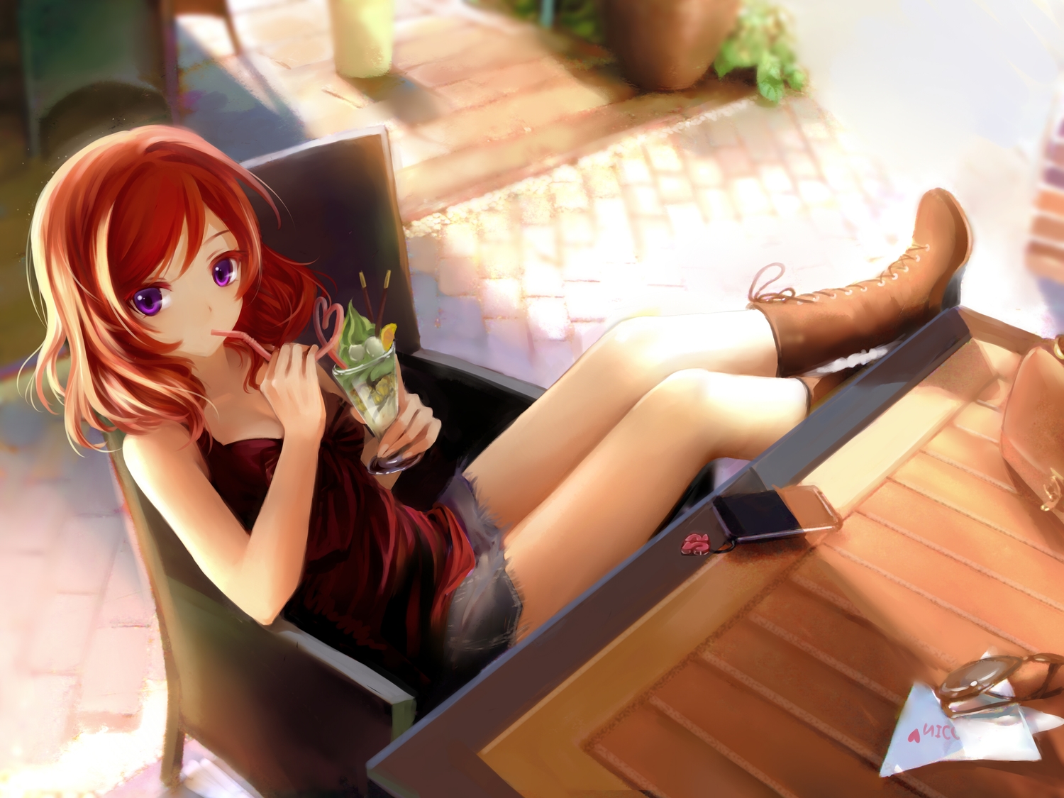 boots, clouble, drink, food, ice_cream, love_live!_school_idol_project, nishikino_maki, phone, pocky, purple_eyes, red_hair, sunglasses