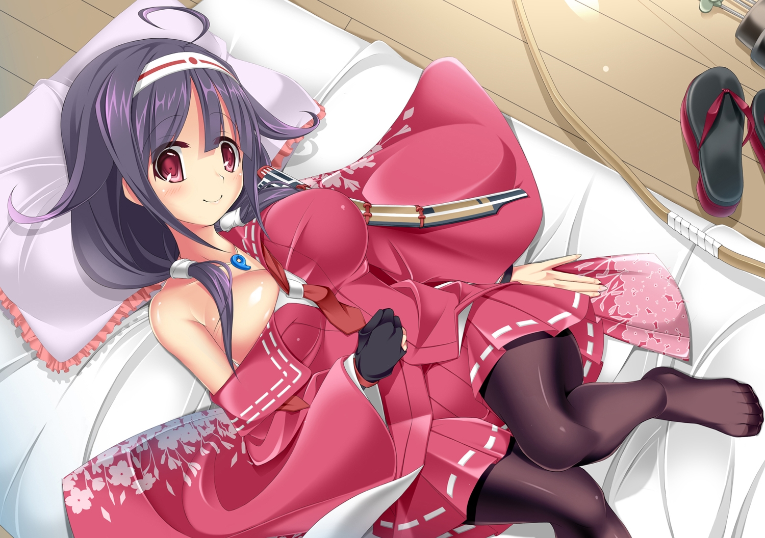anthropomorphism, bed, breasts, cleavage, kantai_collection, oji, open_shirt, pantyhose