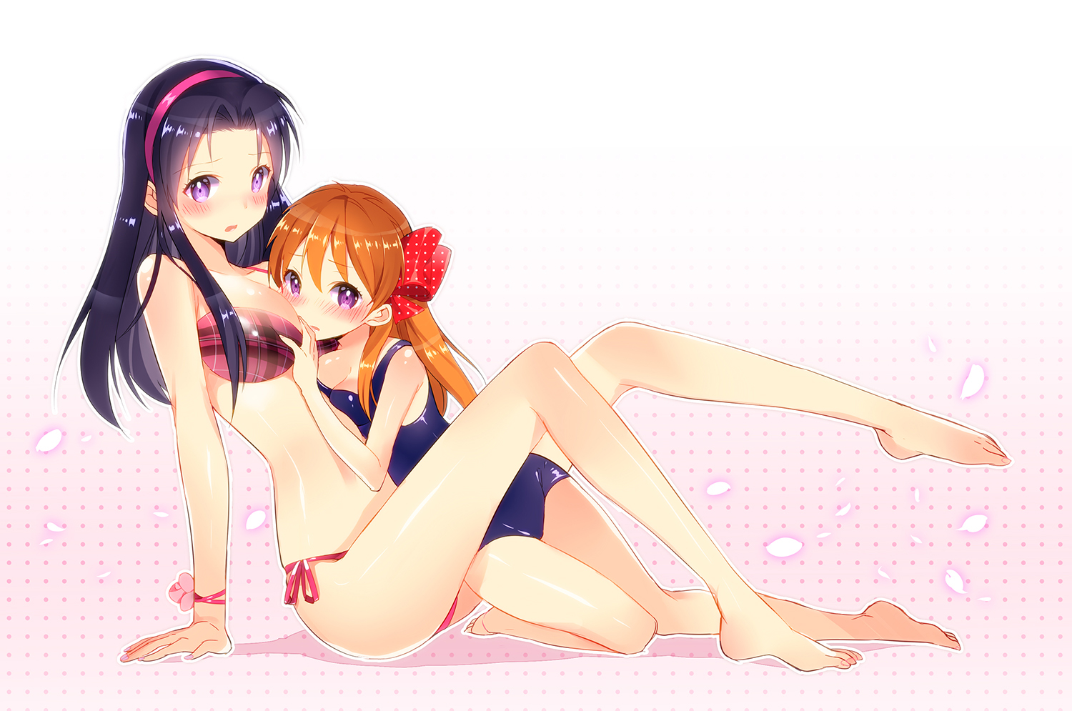 2girls, barefoot, bikini, blush, breast_grab, breasts, cleavage, gekkan_shoujo_nozaki-kun