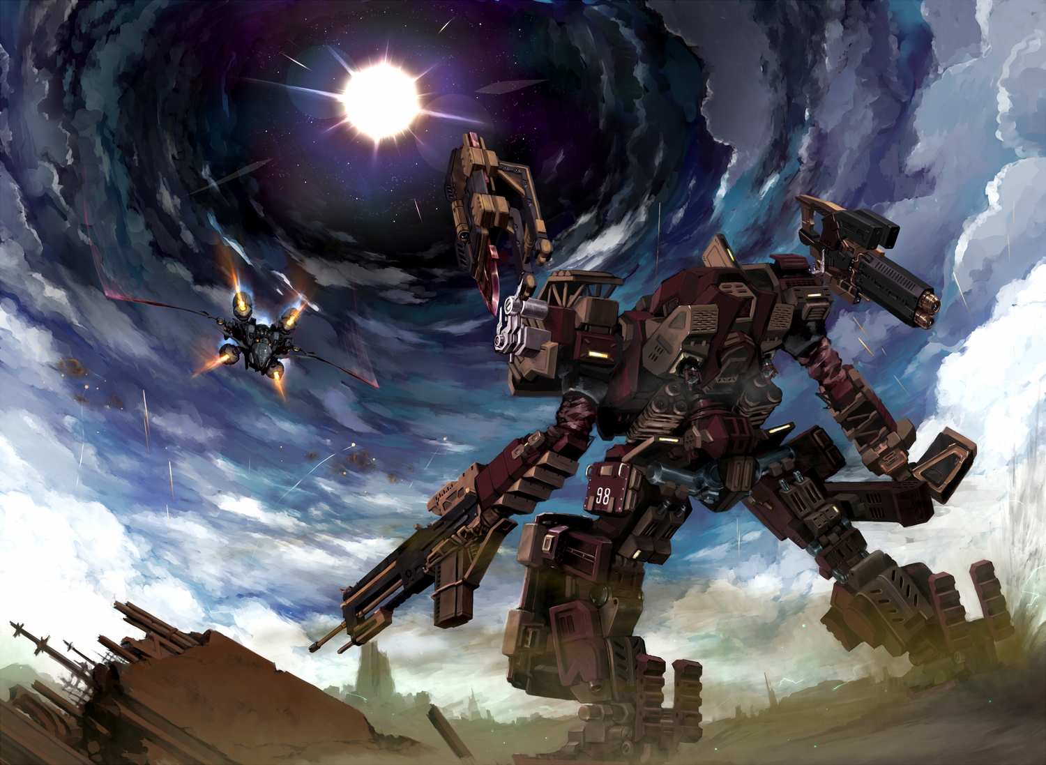 aircraft, armored_core, armored_core:_verdict_day, clouds, gun, mecha, sky, usuki_(graygreed)