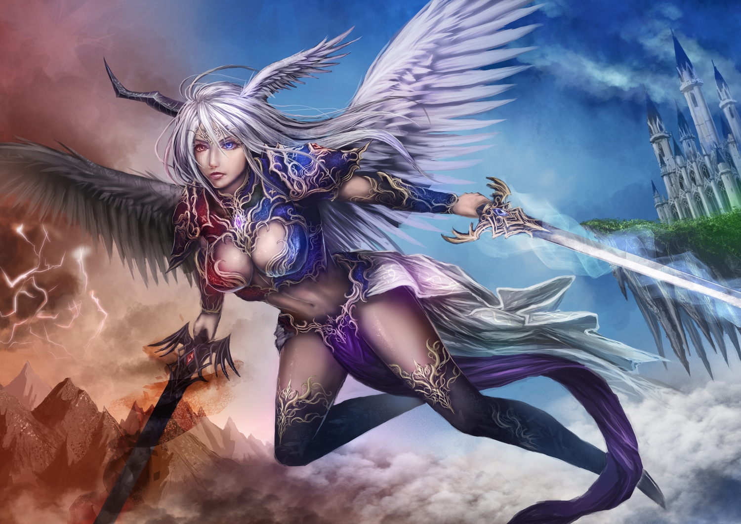 angel, azul_(ze-l), bicolored_eyes, breasts, clouds, demon, horns, long_hair, navel, original, sky, sword, thighhighs, weapon, white_hair, wings