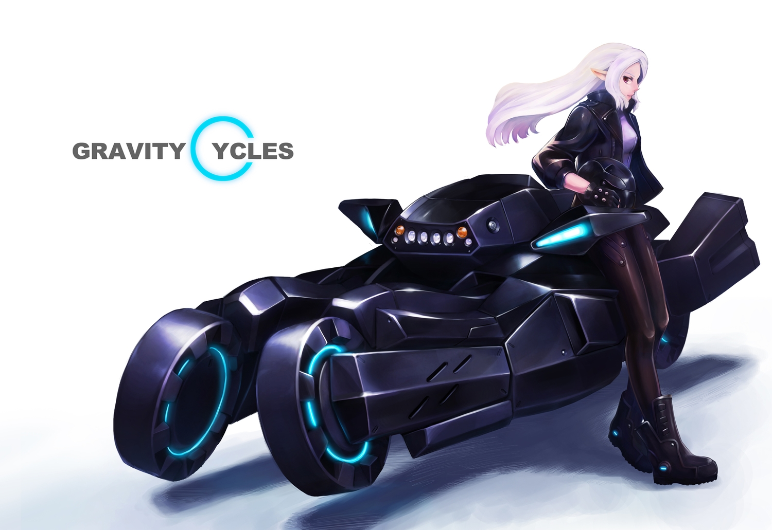 boots, gloves, long_hair, motorcycle, original, pointed_ears, red_eyes, solokov_(okb-999), white, white_hair