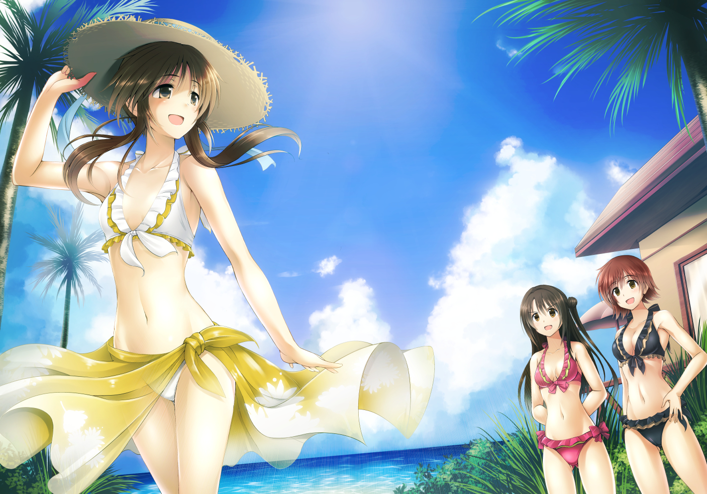 bikini, black_hair, brown_eyes, brown_hair, clouds, hat, honda_mio, idolmaster, idolmaster_cinderella_girls, long_hair, ment, navel, see_through, shimamura_uzuki, short_hair, summer, swimsuit, takamori_aiko, tree, umbrella, water