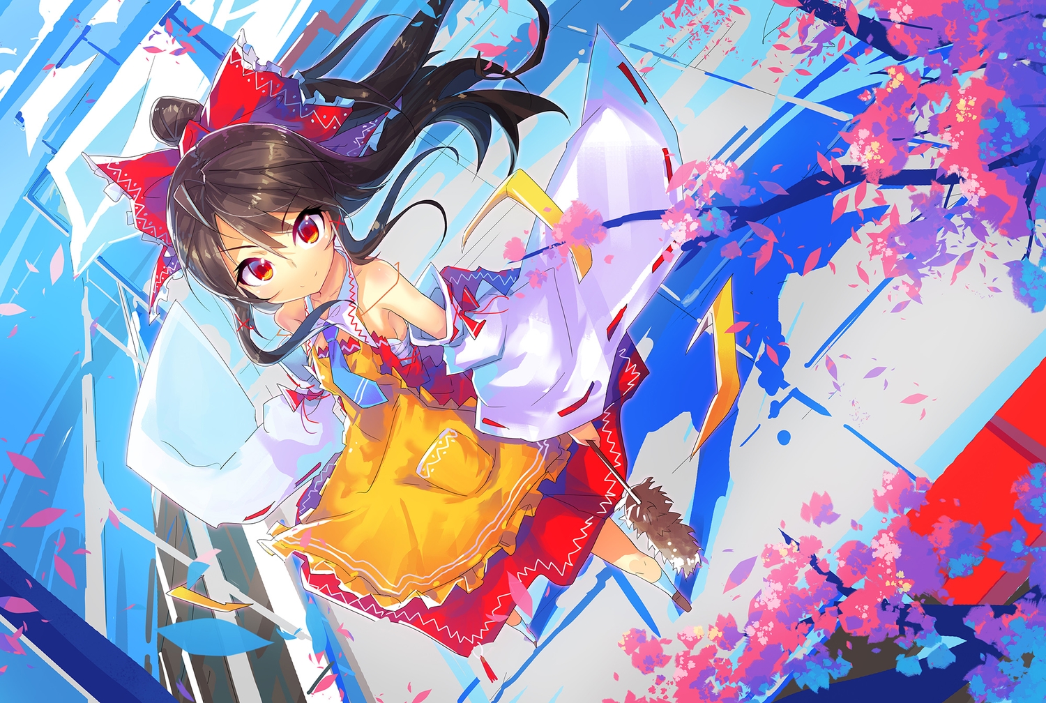 apron, black_hair, bow, cherry_blossoms, flowers, hakurei_reimu, japanese_clothes, leaves