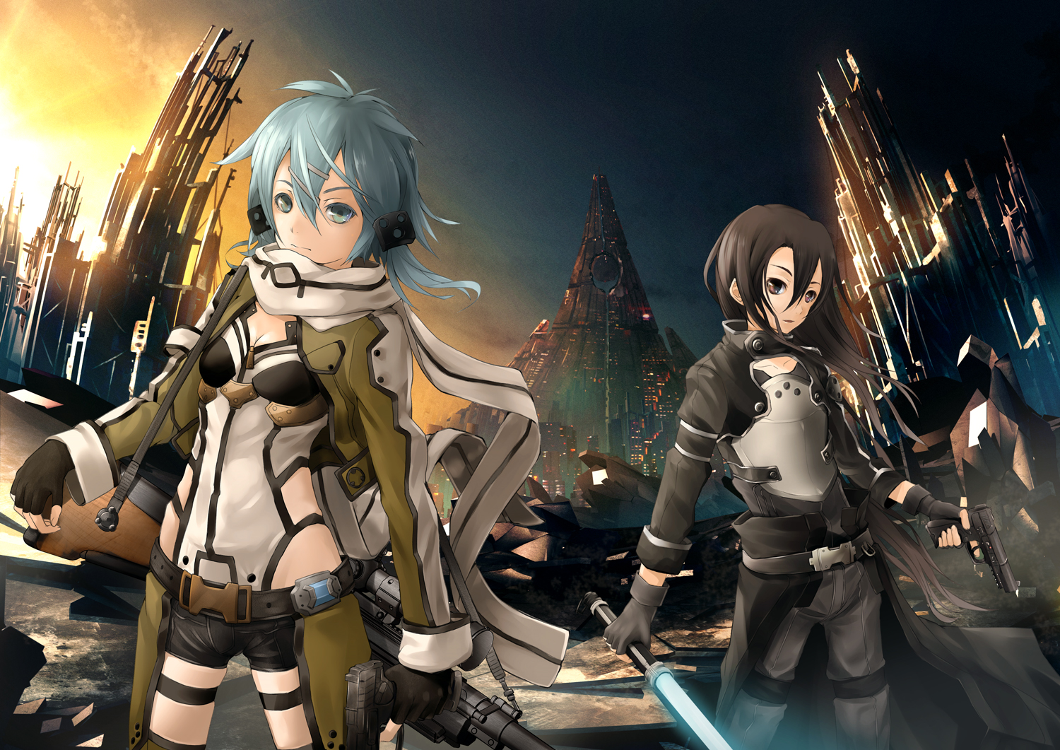 ajigo, gun, gun_gale_online, kirigaya_kazuto, shinon_(sao), sword, sword_art_online, weapon