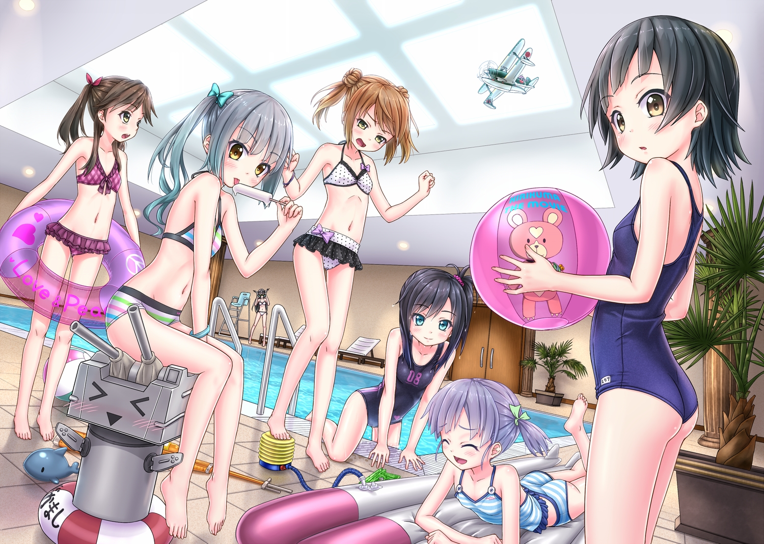 aliasing, anthropomorphism, aoki_hagane_no_arpeggio, arare_(kancolle), arashio_(kancolle), asashio_(kancolle), ball, bikini, gotou_hisashi, group, kantai_collection, kasumi_(kancolle), michishio_(kancolle), nagato_(kancolle), ooshio_(kancolle), popsicle, rensouhou-chan, school_swimsuit, swimsuit