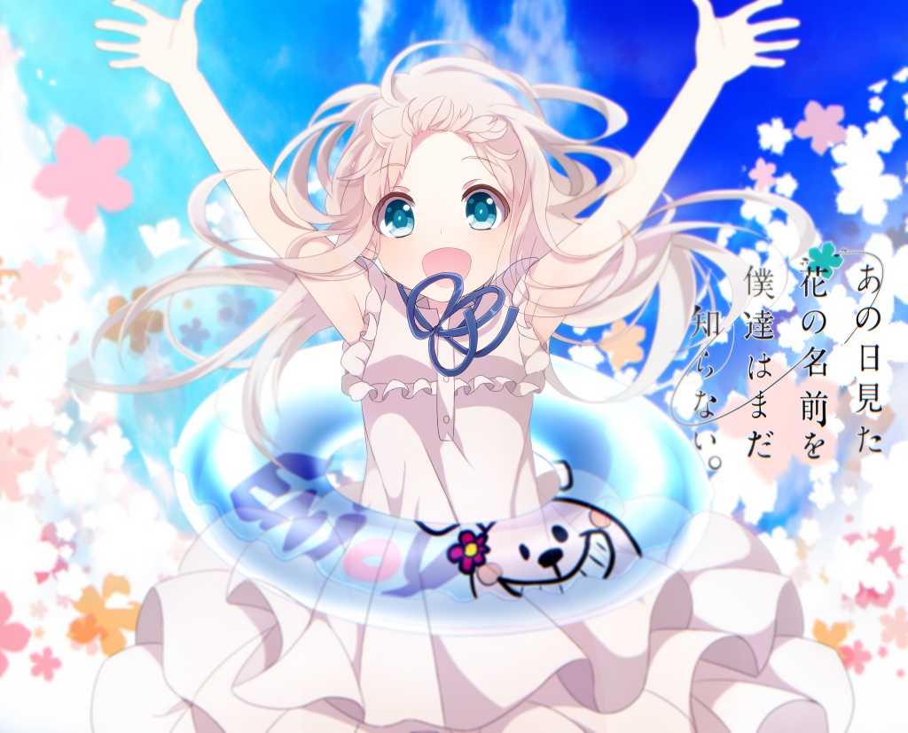 ano_hi_mita_hana_no_namae_wo_bokutachi_wa_mada_shiranai, blue_eyes, dress, flowers, honma_meiko, kurono_kito, swim_ring, white_hair
