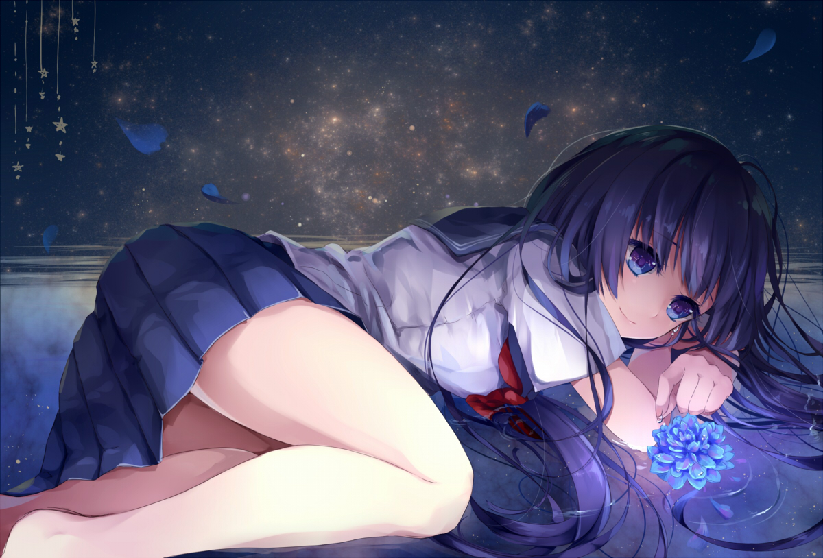 aqua_eyes, black_hair, flowers, long_hair, original, petals, puracotte, school_uniform, water