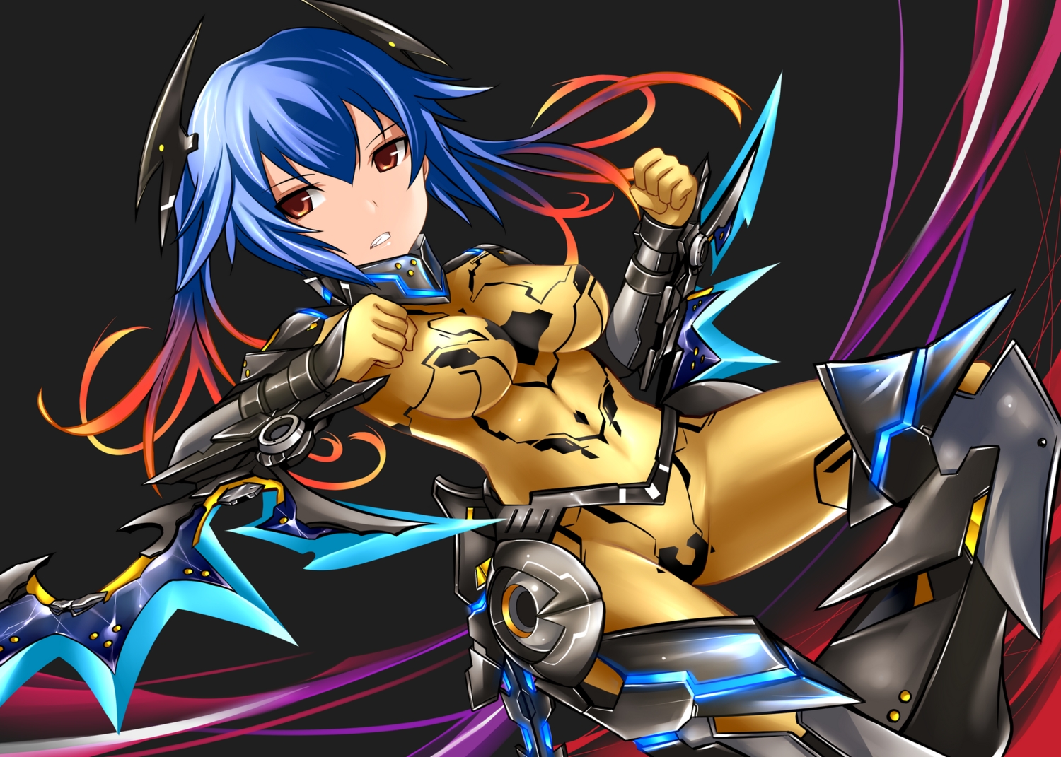 armor, blue_hair, bodysuit, orange_eyes, orange_hair, phantasy_star_online, quna_(pso2), skintight