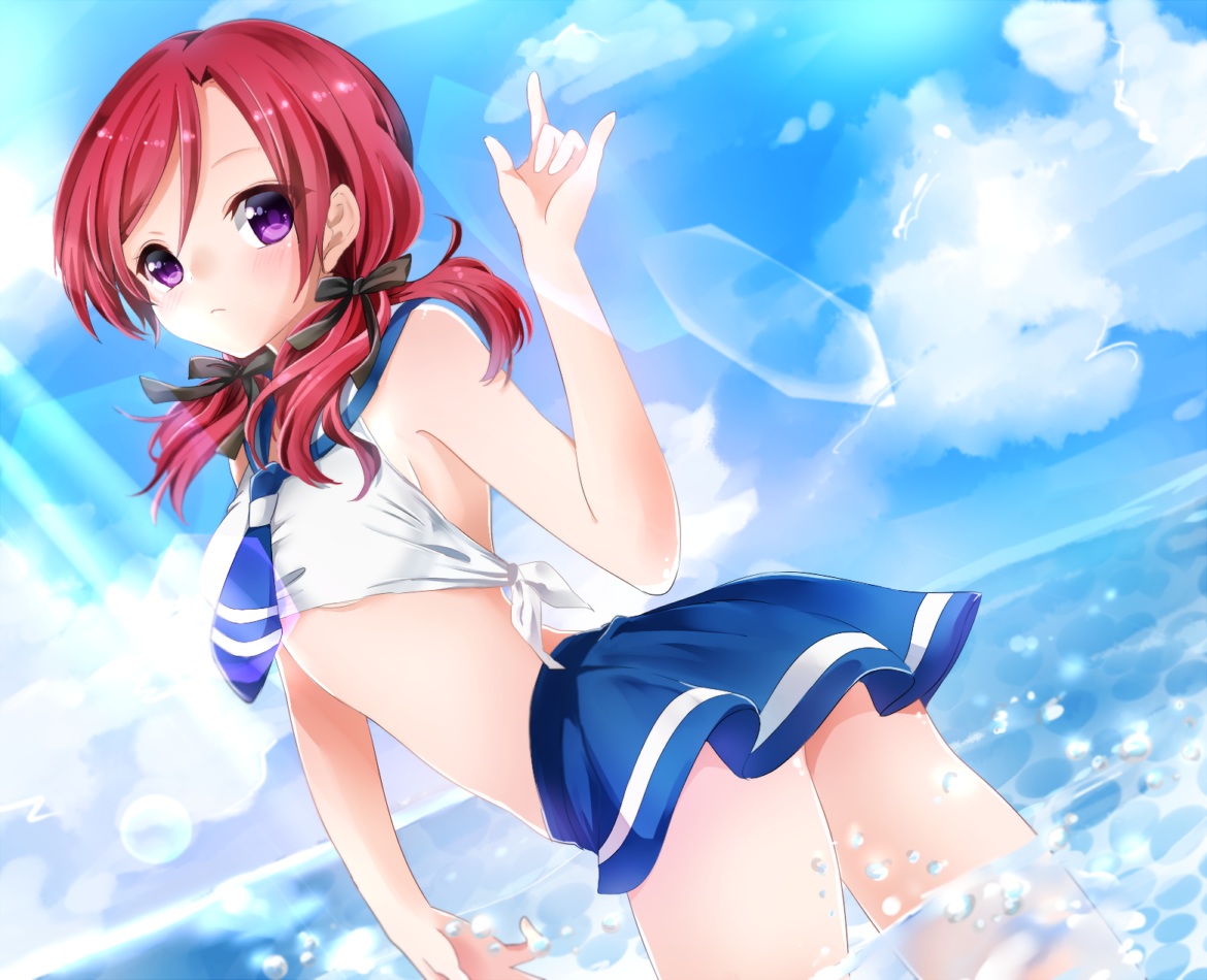 blush, bow, clouds, horon5151, love_live!_school_idol_project, nishikino_maki, purple_eyes, red_hair, ribbons, skirt, sky, tie, water