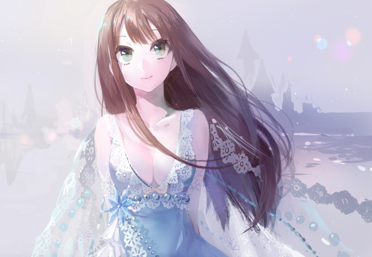breasts, brown_hair, cleavage, dress, green_eyes, long_hair, original, yuura