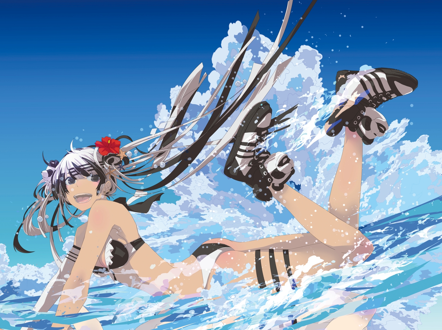 bikini, black_eyes, flowers, gray_hair, hoshima, long_hair, original, ribbons, swimsuit, twintails, water