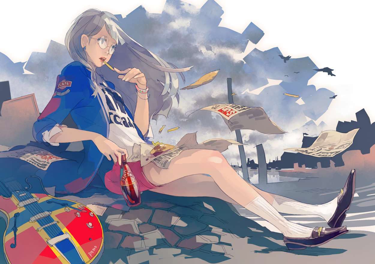 blue_eyes, drink, food, glasses, gray_hair, guitar, instrument, long_hair