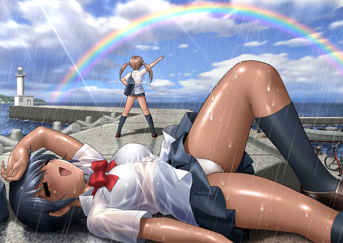2girls, bicycle, black_hair, blush, boat, bow, brown_hair, clouds