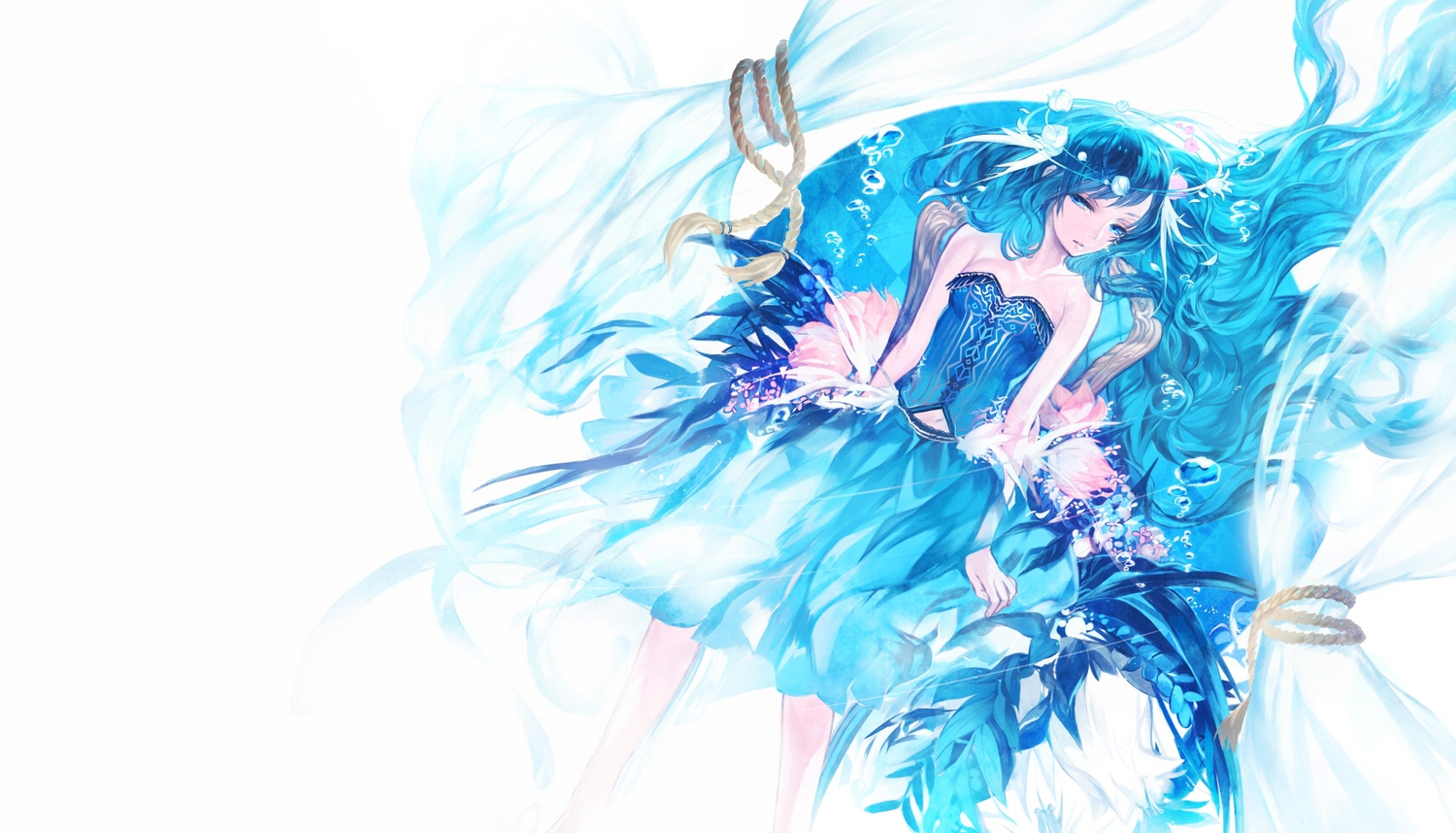 blue_eyes, blue_hair, bubbles, corset, flowers, halo, kazune_(baumkuchen), long_hair