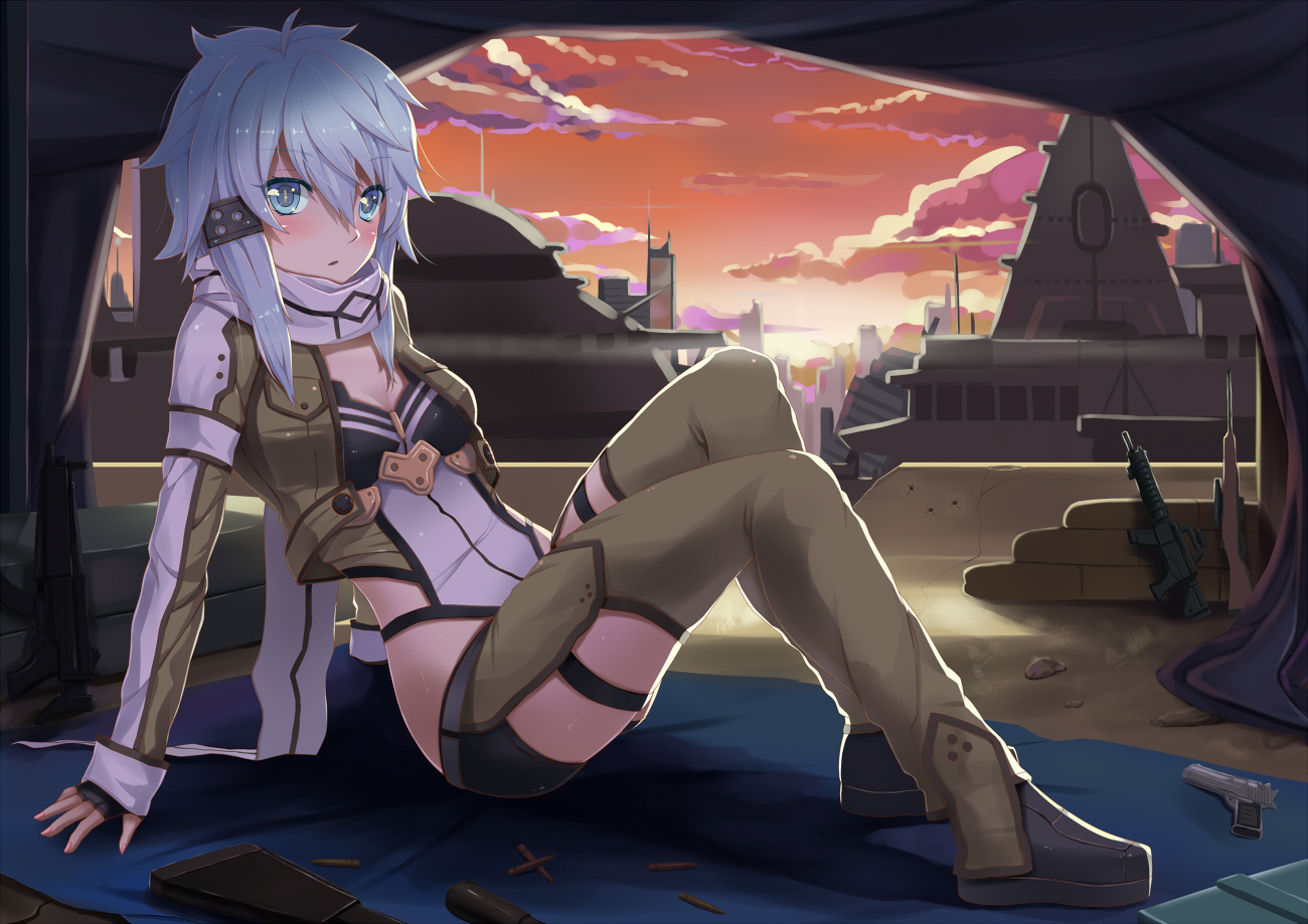 blue_eyes, blue_hair, boots, gun, gun_gale_online, scarf, shinon_(sao), short_hair