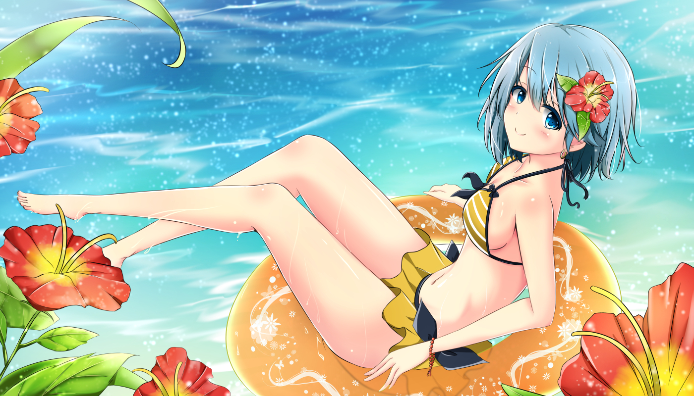 barefoot, bikini, blue_eyes, blue_hair, blush, breasts, flowers, mahou_shoujo_madoka_magica, miki_sayaka, navel, shiina_kuro, short_hair, swim_ring, swimsuit, water, wet, wristwear